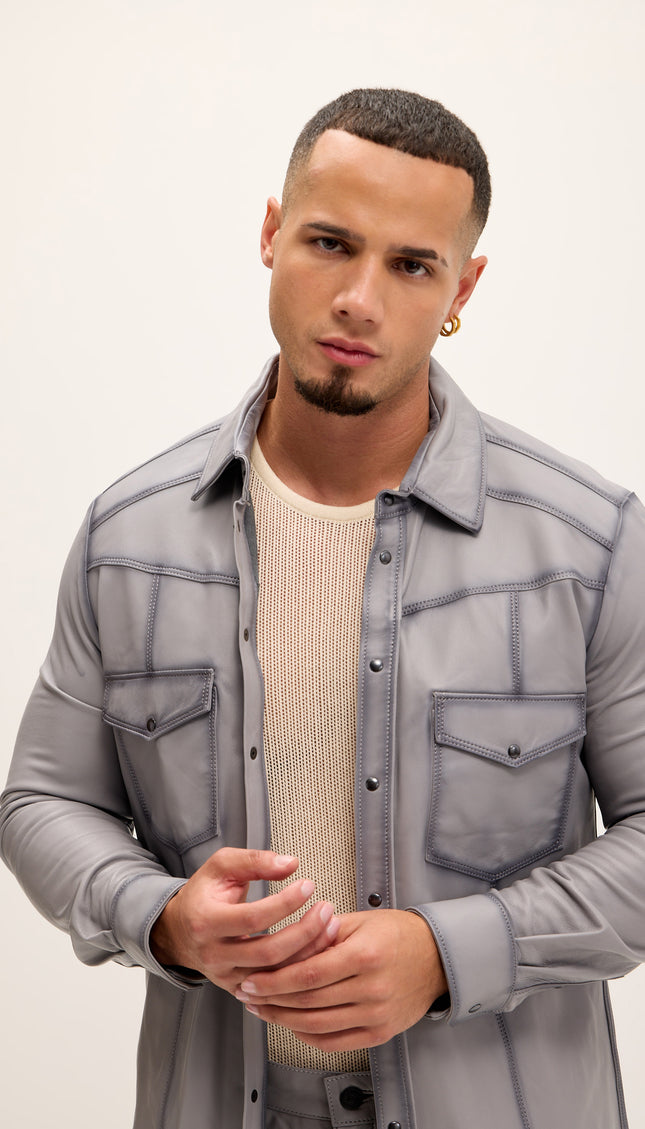 Genuine Lambskin Leather Shirt - Grey Tint - Ron Tomson