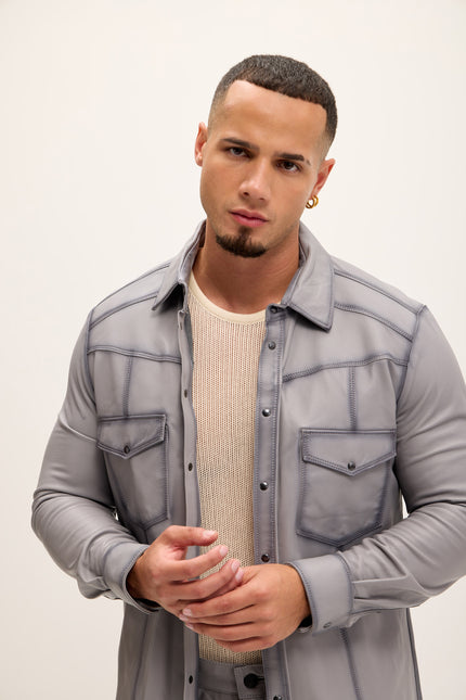 Men's Genuine Lambskin Leather Shirt - Grey Tint - Ron Tomson