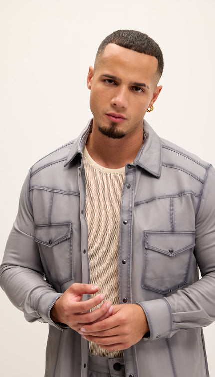 Genuine Lambskin Leather Shirt - Grey Tint - Ron Tomson