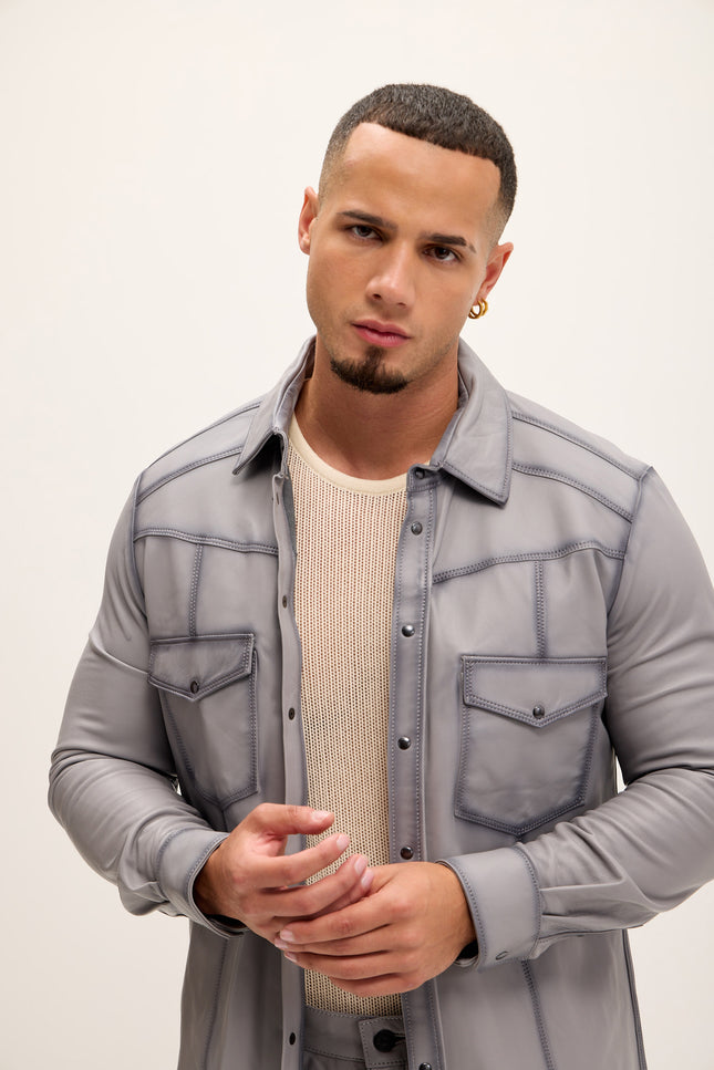 Men's Genuine Lambskin Leather Shirt - Grey Tint - Ron Tomson