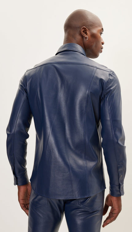 Genuine Lambskin Leather Shirt - Navy - Ron Tomson