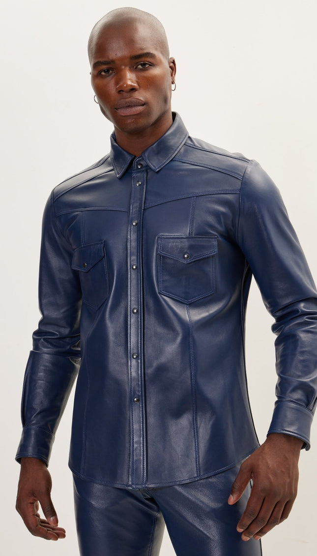 Genuine Lambskin Leather Shirt - Navy - Ron Tomson
