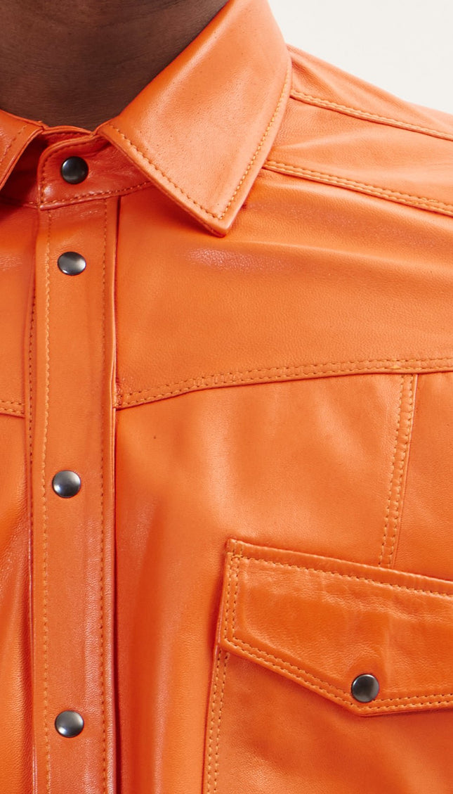 Genuine Lambskin Leather Shirt - Orange - Ron Tomson