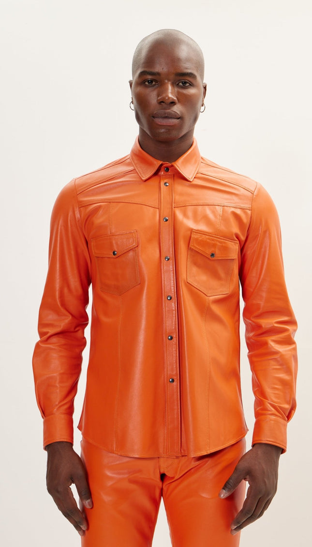 Genuine Lambskin Leather Shirt - Orange - Ron Tomson