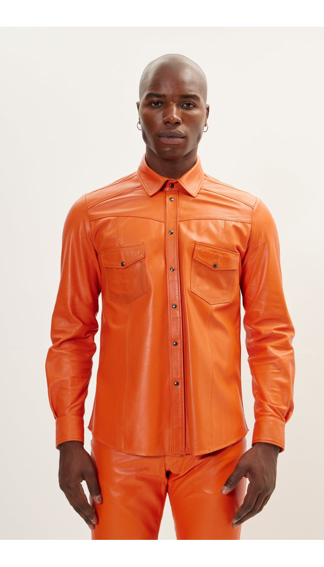 Genuine Lambskin Leather Shirt - Orange - Ron Tomson