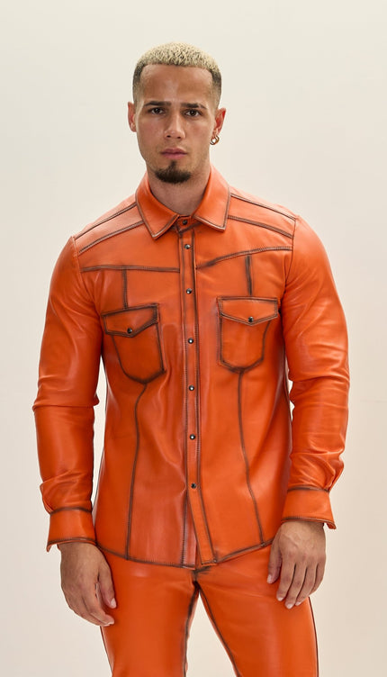 Genuine Lambskin Leather Shirt - Orange Tint - Ron Tomson