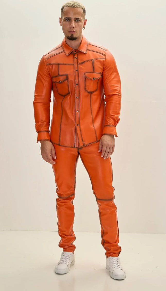 Genuine Lambskin Leather Shirt - Orange Tint - Ron Tomson