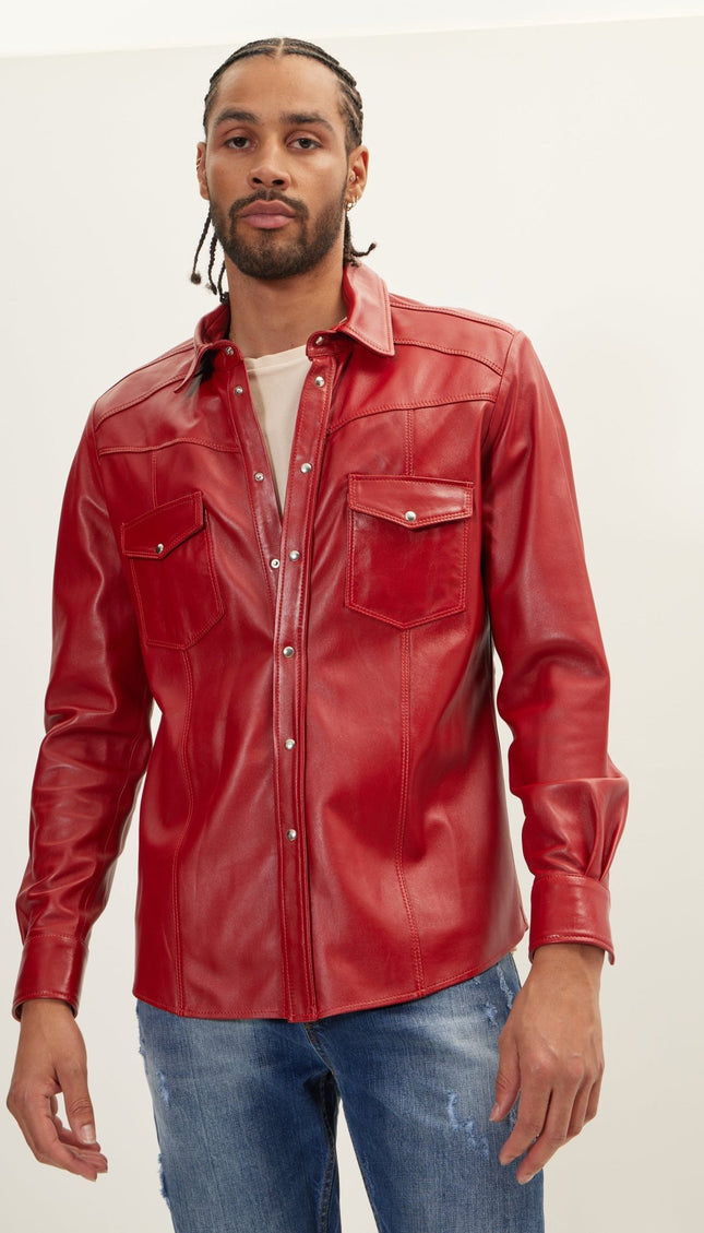 Genuine Lambskin Leather Shirt - Red - Ron Tomson