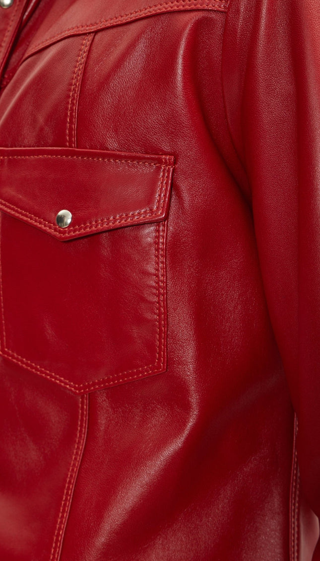 Genuine Lambskin Leather Shirt - Red - Ron Tomson