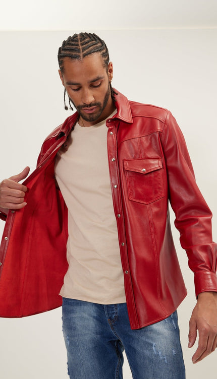 Genuine Lambskin Leather Shirt - Red - Ron Tomson