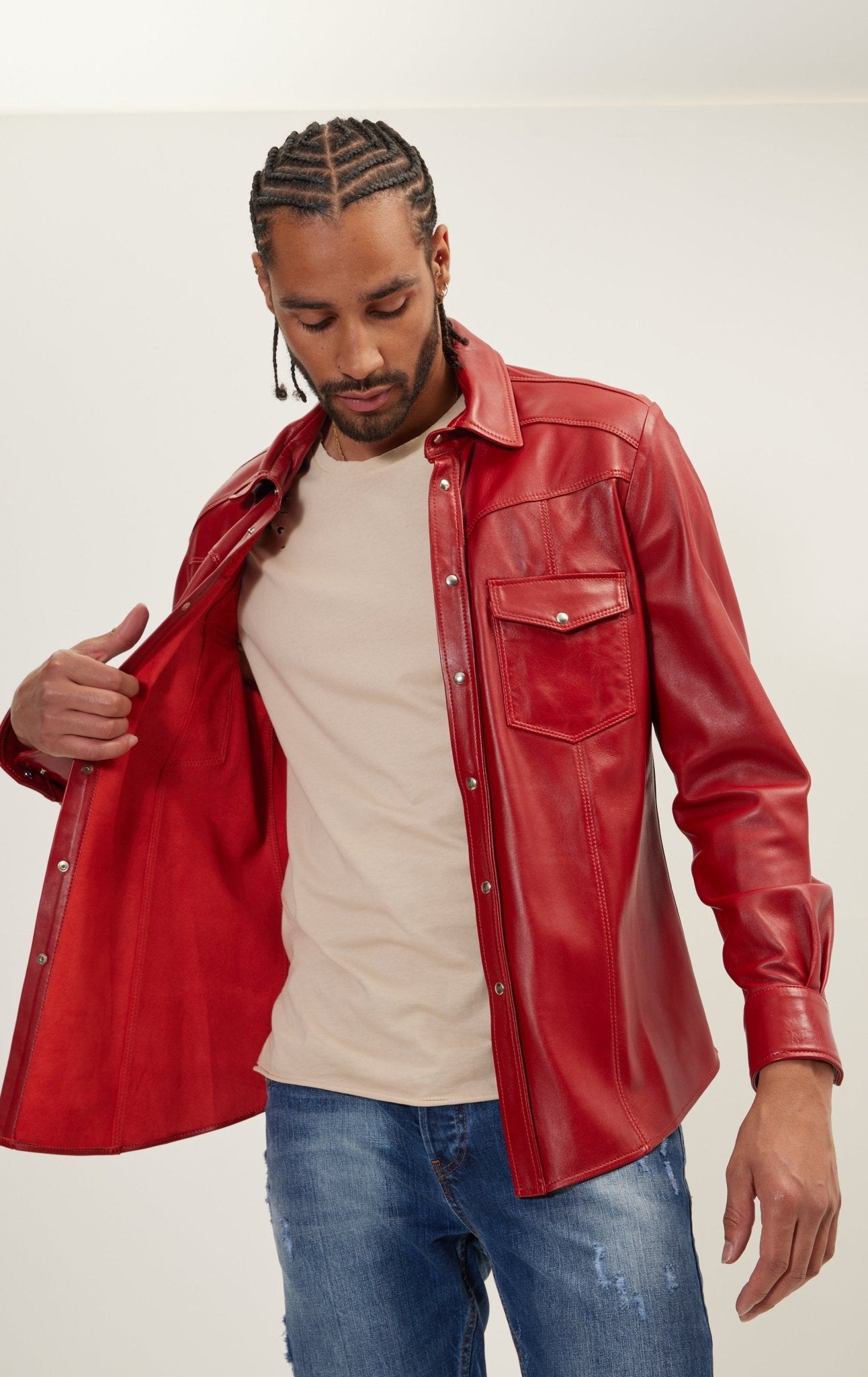 Genuine Lambskin Leather Shirt Red Ron Tomson