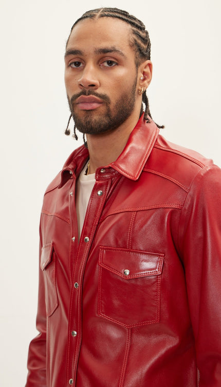 Genuine Lambskin Leather Shirt - Red - Ron Tomson