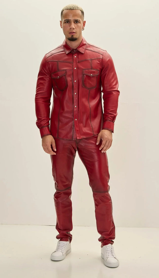 Genuine Lambskin Leather Shirt - Red Tint - Ron Tomson