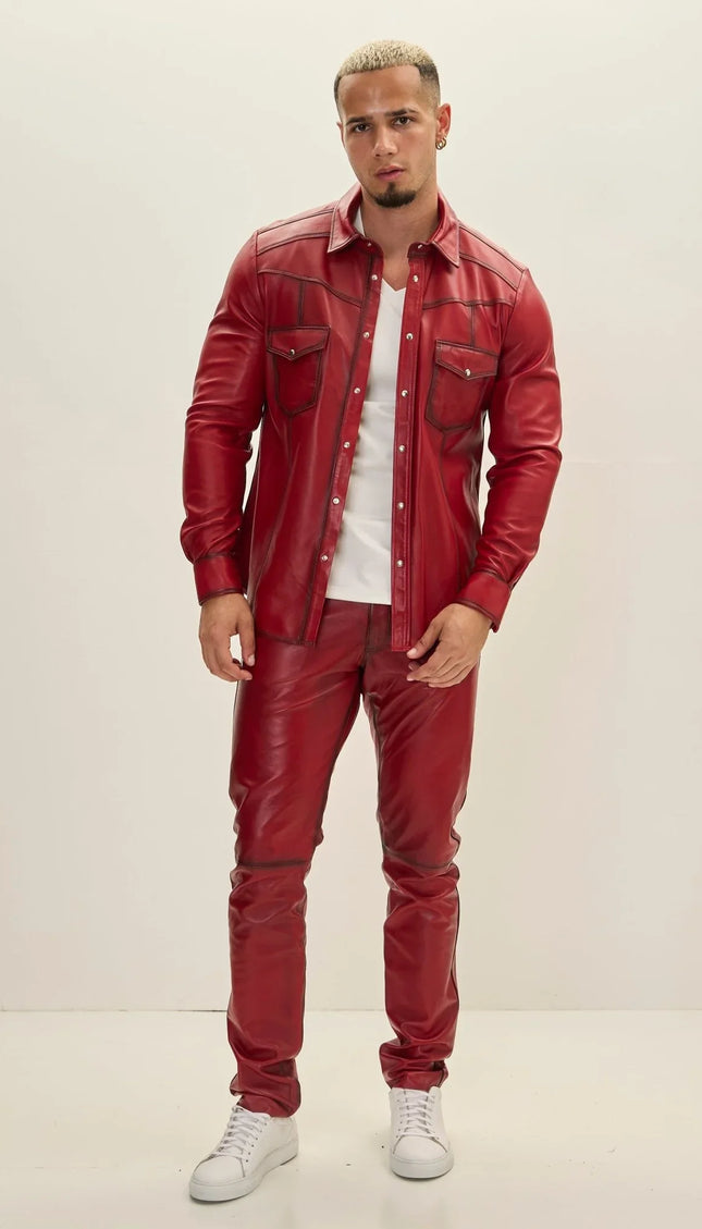 Genuine Lambskin Leather Shirt - Red Tint - Ron Tomson