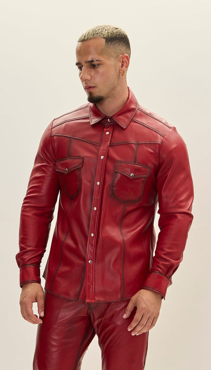 Genuine Lambskin Leather Shirt - Red Tint - Ron Tomson