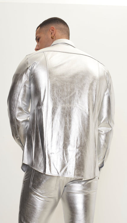 Genuine Lambskin Leather Shirt - Silver - Ron Tomson