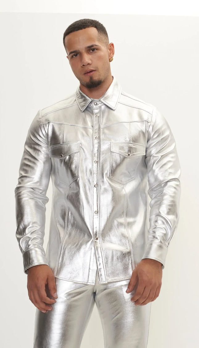 Genuine Lambskin Leather Shirt - Silver - Ron Tomson