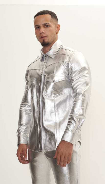 Genuine Lambskin Leather Shirt - Silver - Ron Tomson