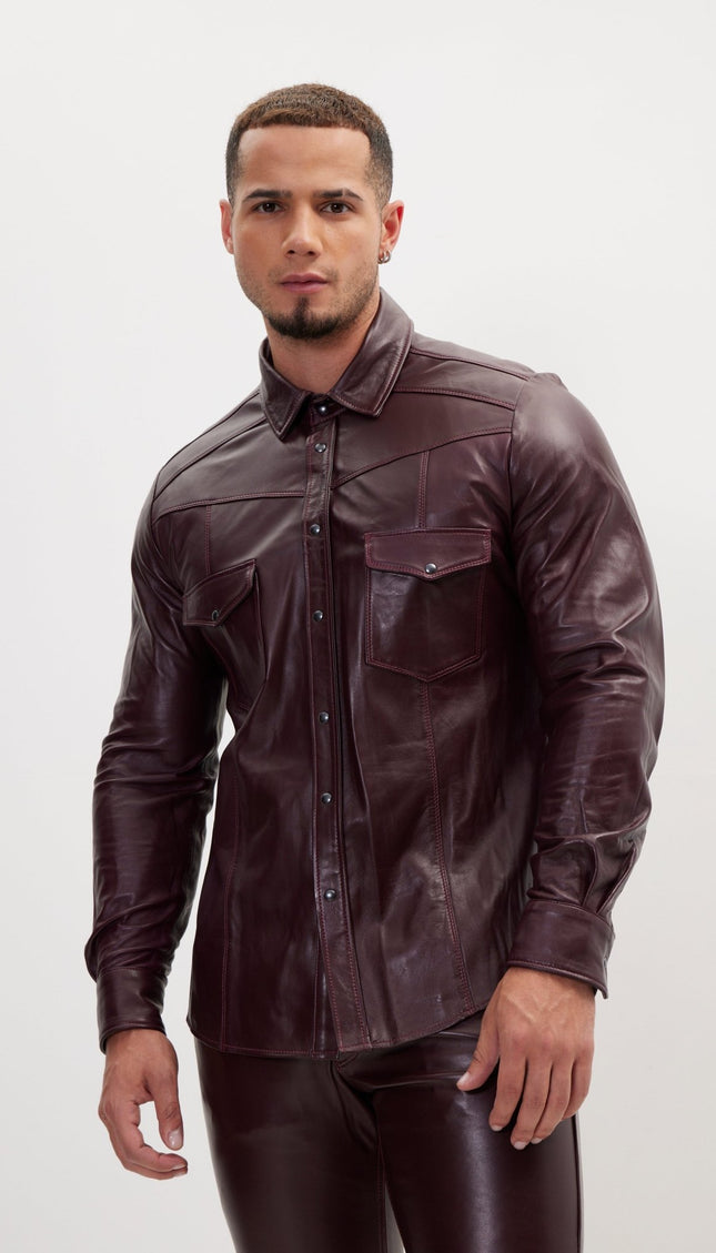 Genuine Lambskin Leather Shirt - Wine - Ron Tomson