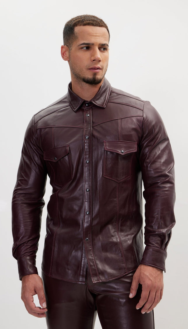 Genuine Lambskin Leather Shirt - Wine - Ron Tomson