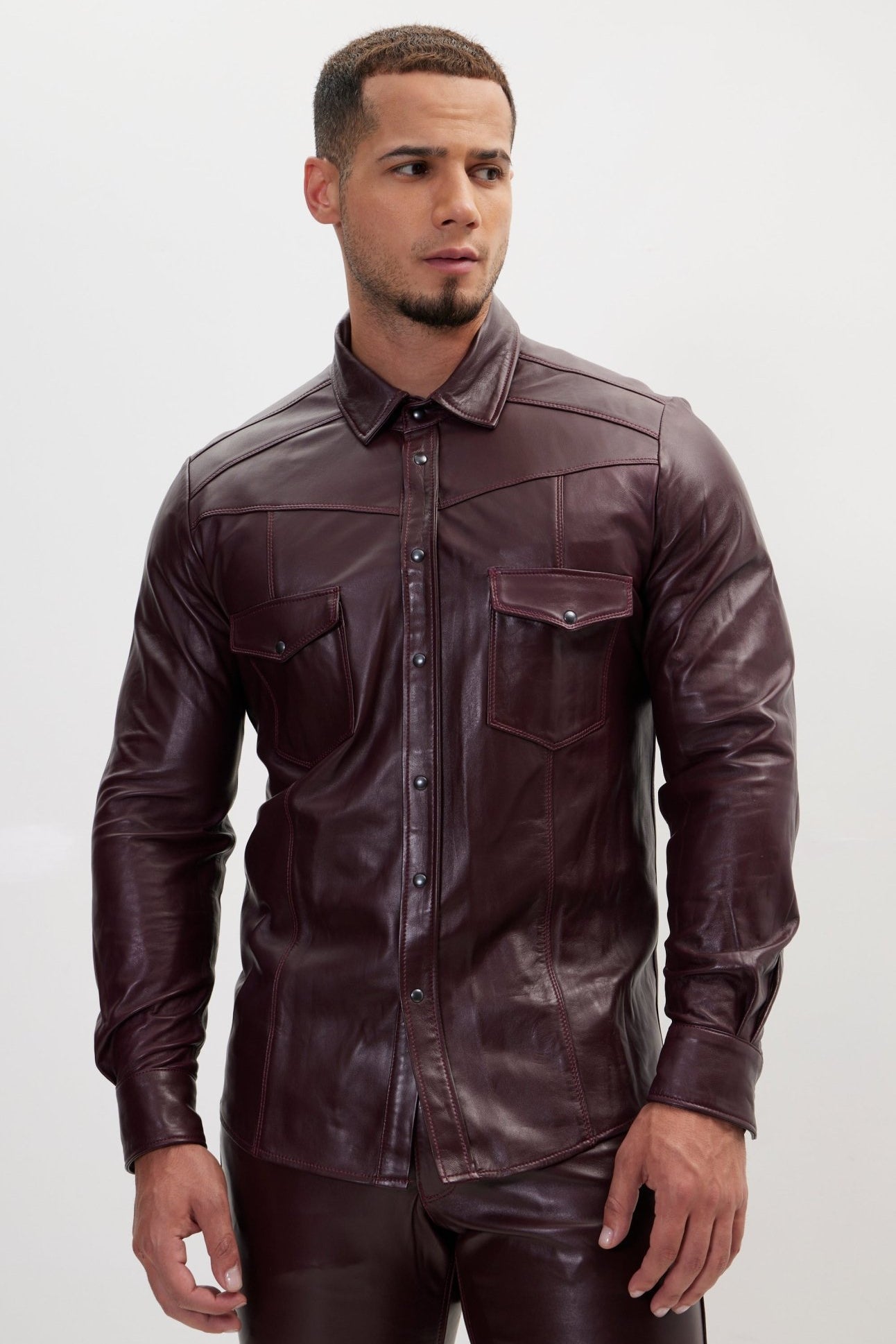 Genuine Lambskin Leather Shirt - Wine - Ron Tomson