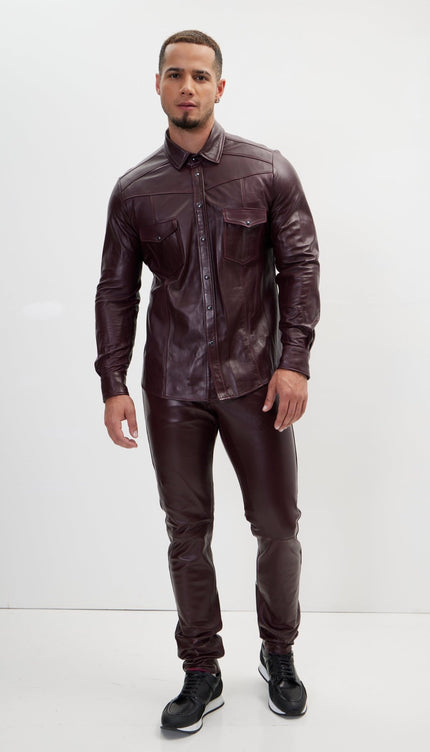 Genuine Lambskin Leather Shirt - Wine - Ron Tomson
