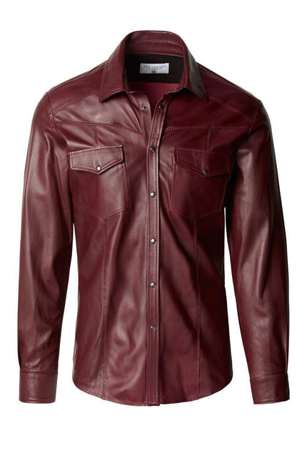 Men's Genuine Lambskin Leather Shirt - Wine - Ron Tomson Leather