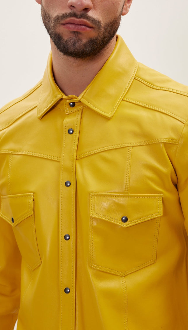 Genuine Lambskin Leather Shirt - Yellow - Ron Tomson