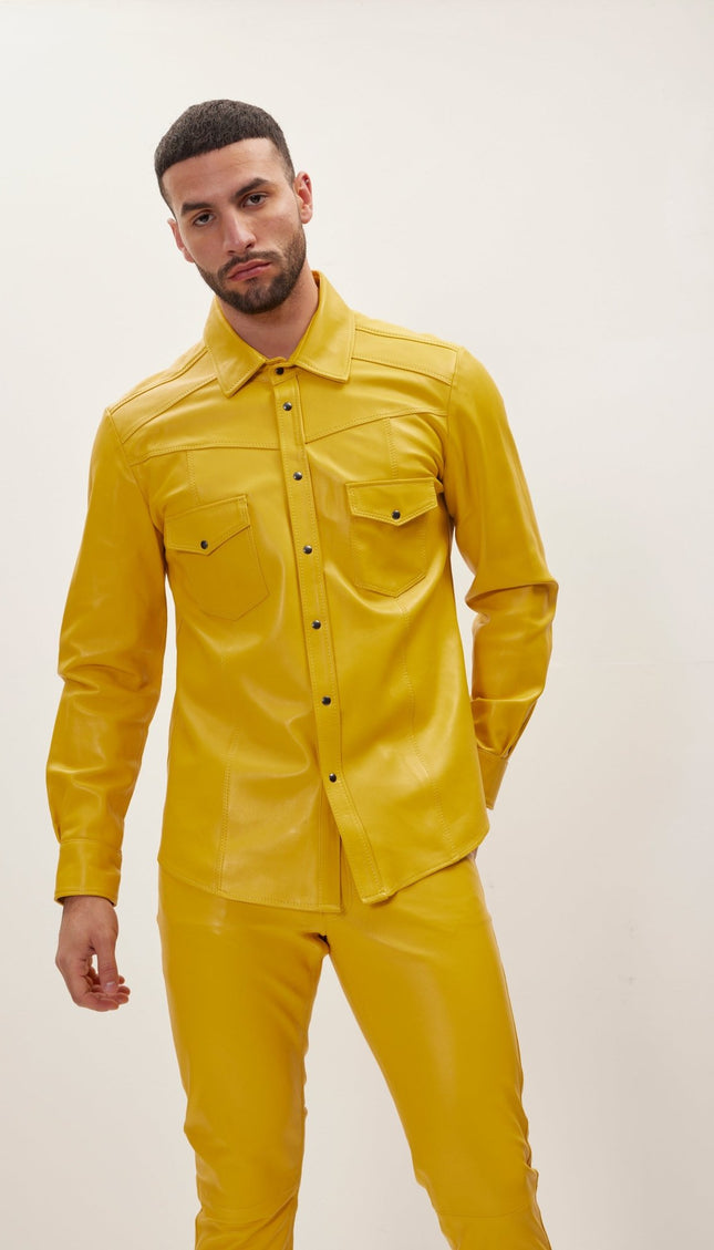 Genuine Lambskin Leather Shirt - Yellow - Ron Tomson