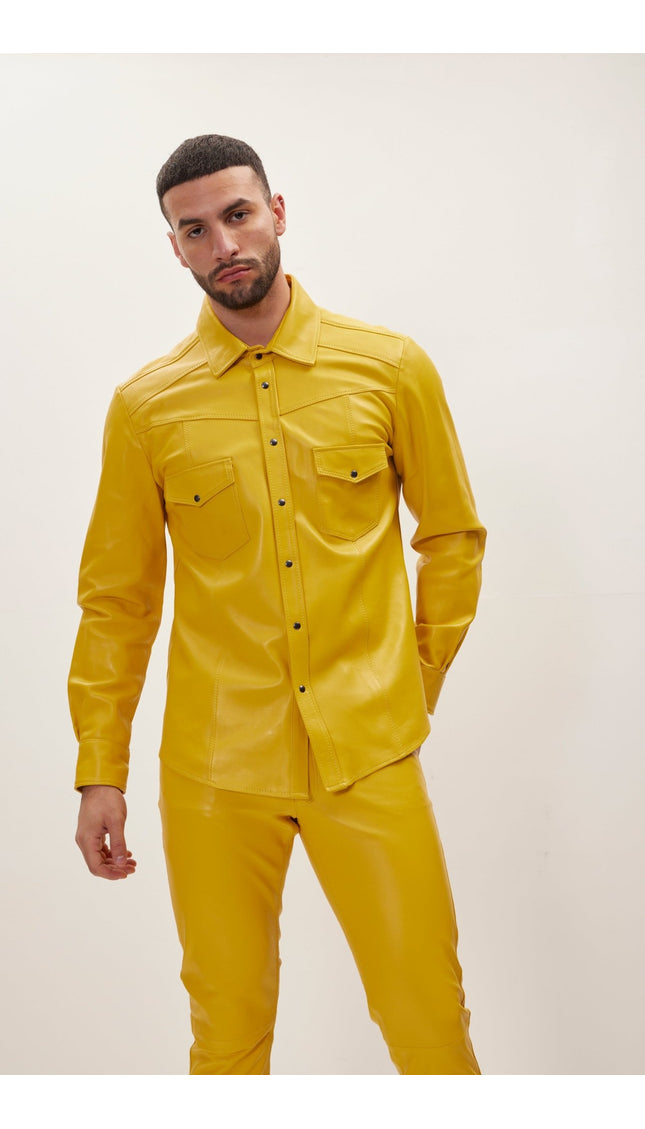 Genuine Lambskin Leather Shirt - Yellow - Ron Tomson
