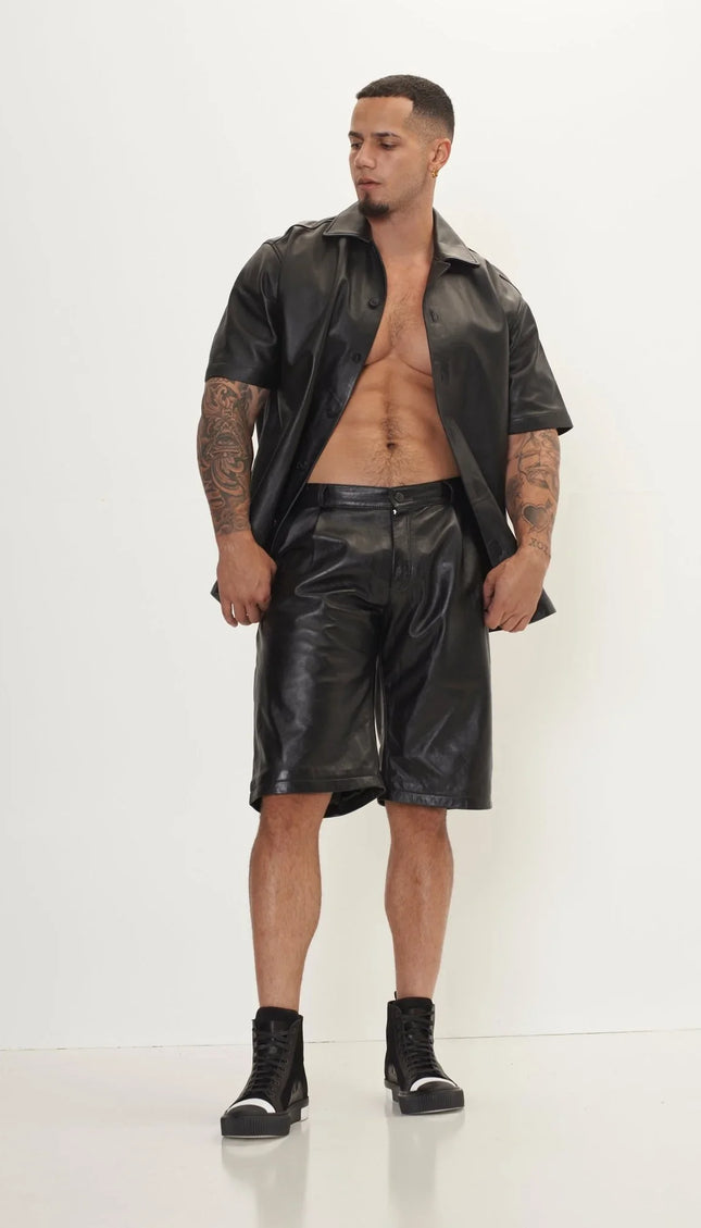 Genuine Lambskin Leather Shorts - Black - Ron Tomson
