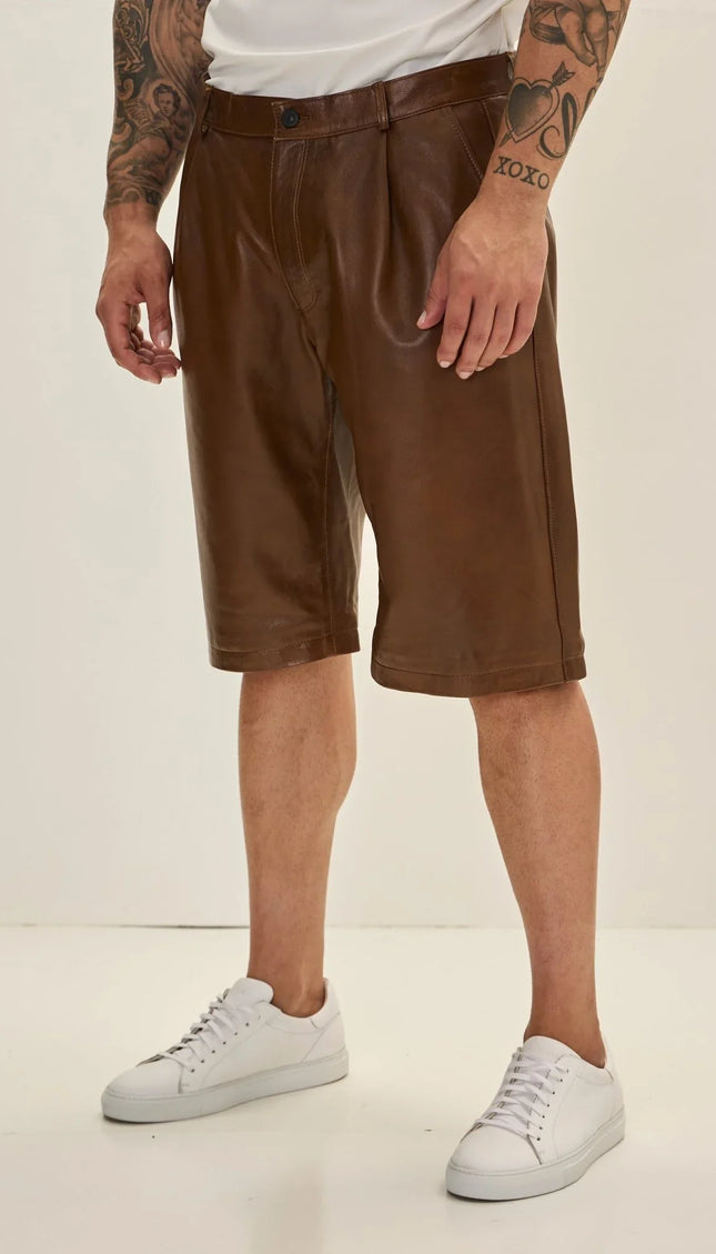 Genuine Lambskin Leather Shorts - Brown - Ron Tomson