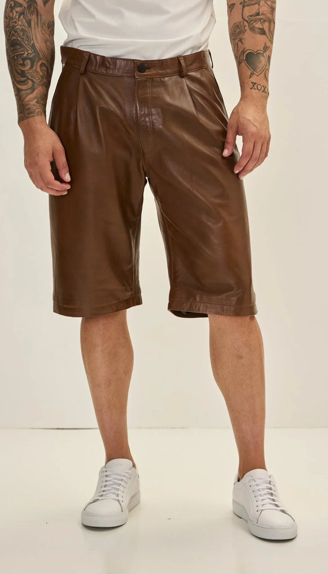 Genuine Lambskin Leather Shorts - Brown - Ron Tomson