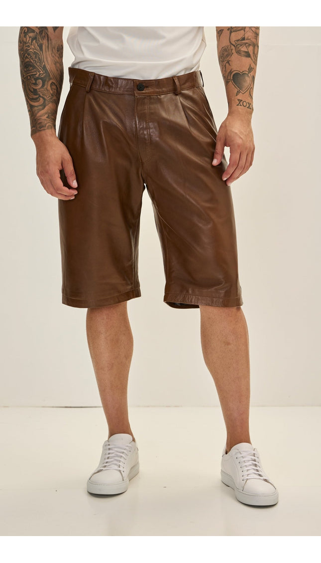 Genuine Lambskin Leather Shorts - Brown - Ron Tomson