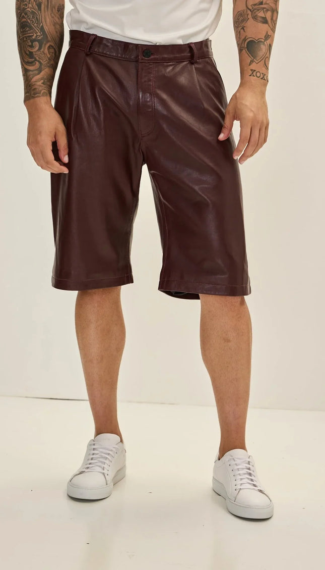 Genuine Lambskin Leather Shorts - Burgundy - Ron Tomson