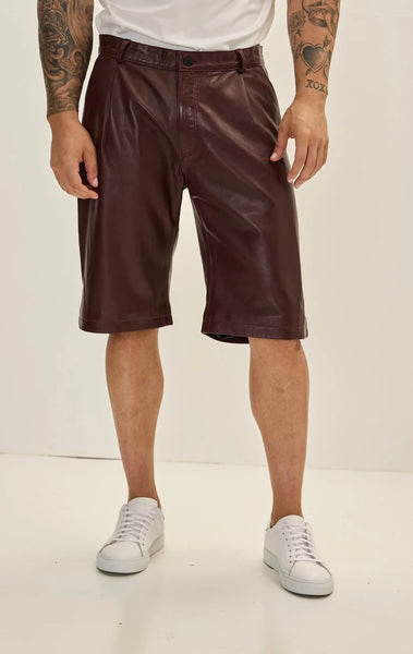 Genuine Lambskin Leather Shorts - Burgundy - Ron Tomson