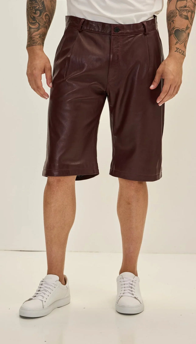 Genuine Lambskin Leather Shorts - Burgundy - Ron Tomson