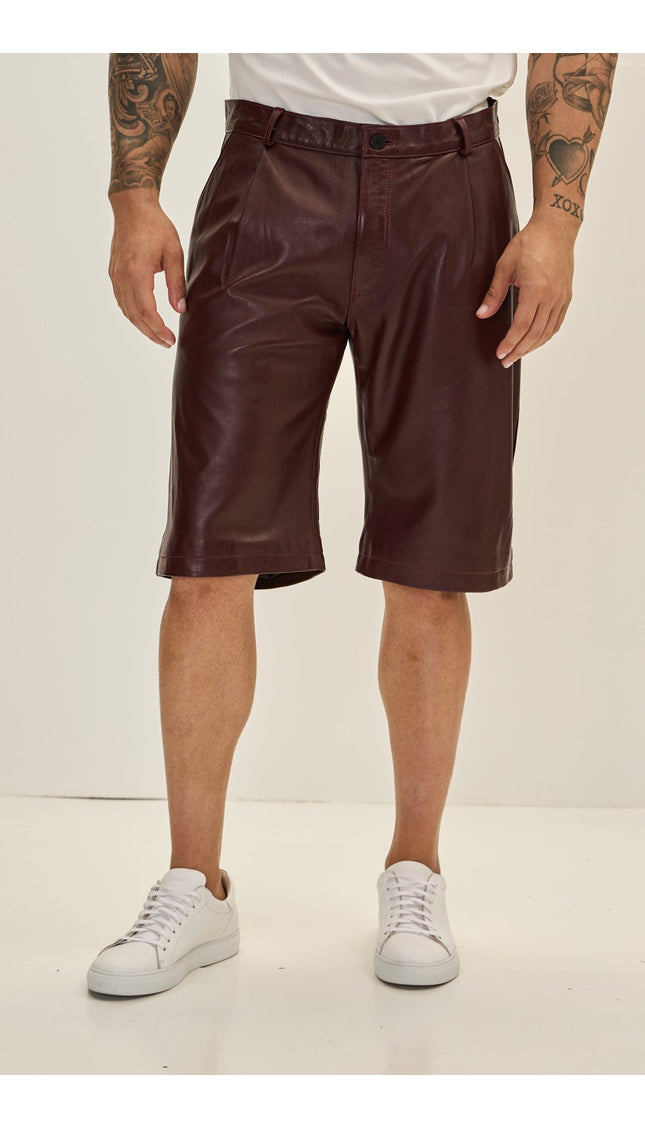 Genuine Lambskin Leather Shorts - Burgundy - Ron Tomson
