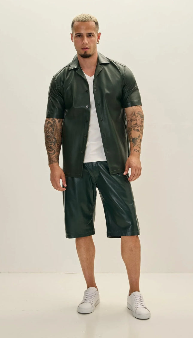 Genuine Lambskin Leather Shorts - Green - Ron Tomson