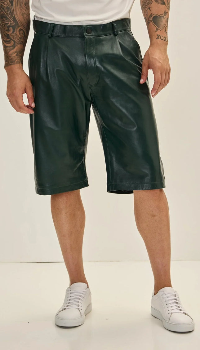 Genuine Lambskin Leather Shorts - Green - Ron Tomson