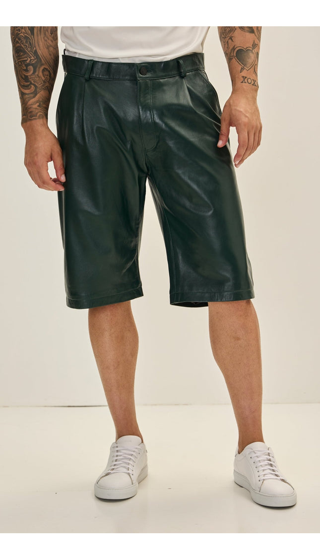 Genuine Lambskin Leather Shorts - Green - Ron Tomson