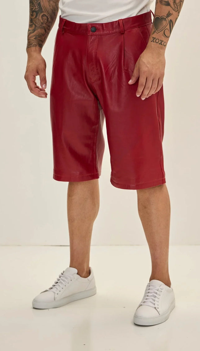 Genuine Lambskin Leather Shorts - Red - Ron Tomson