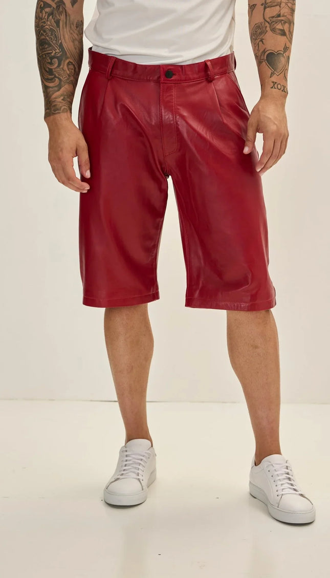Genuine Lambskin Leather Shorts - Red - Ron Tomson