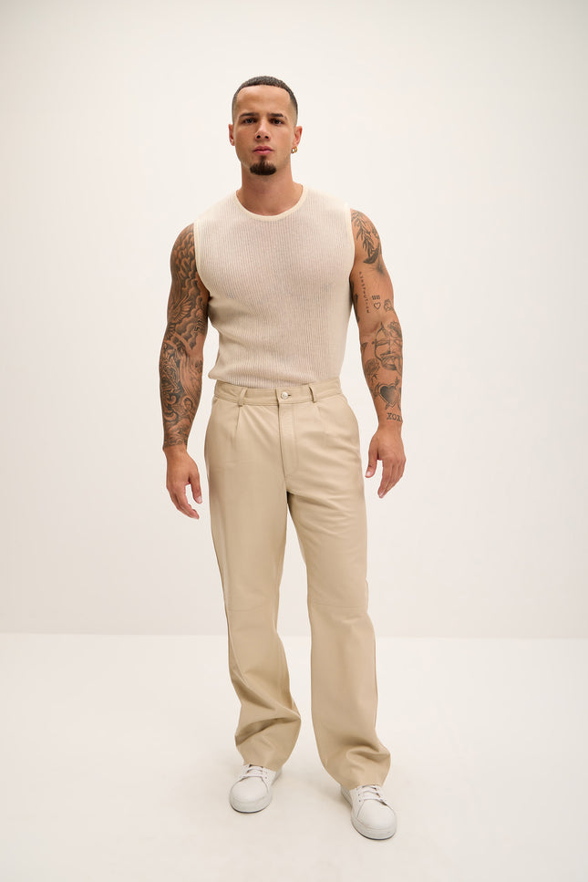 Men's Genuine Lambskin Leather Trousers - Beige - Ron Tomson Los Angeles