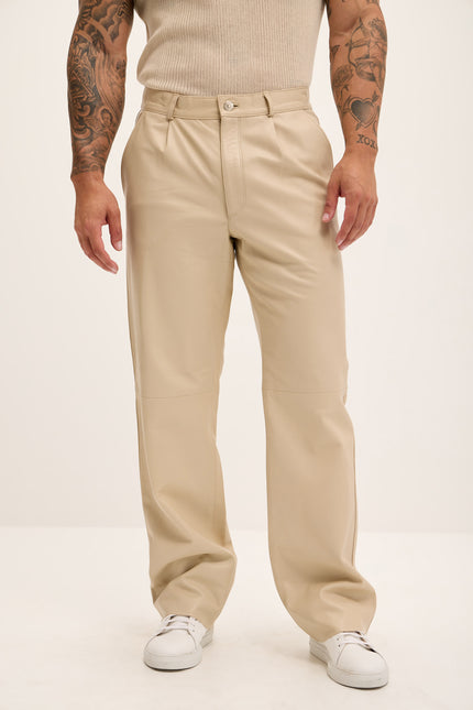 Men's Genuine Lambskin Leather Trousers - Beige - Ron Tomson Los Angeles