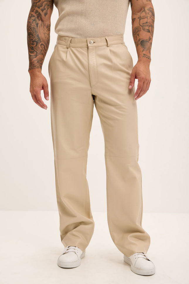 Men's Genuine Lambskin Leather Trousers - Beige - Ron Tomson Los Angeles