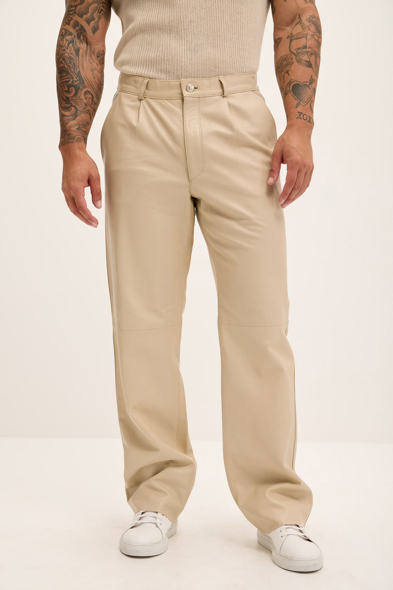 Men's Genuine Lambskin Leather Trousers - Beige - Ron Tomson Los Angeles