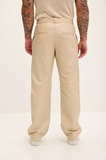 Men's Genuine Lambskin Leather Trousers - Beige - Ron Tomson Los Angeles