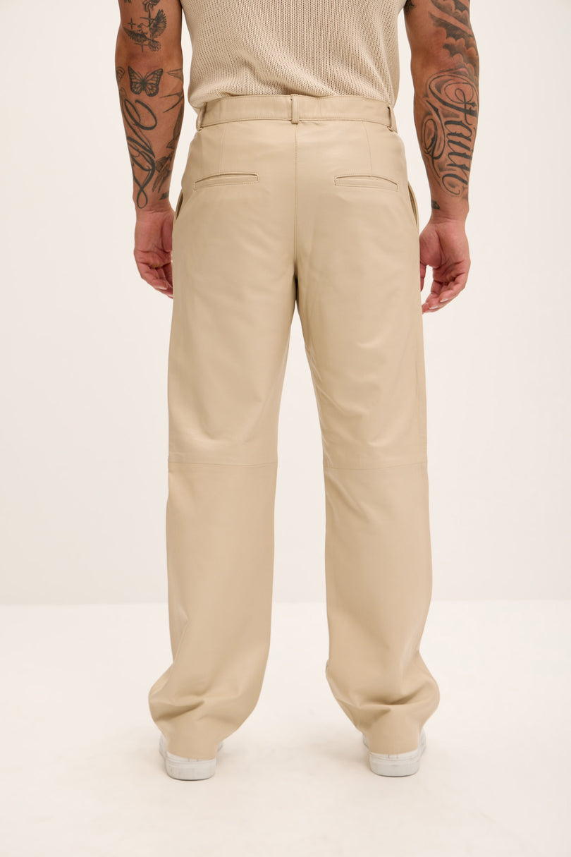 Men's Genuine Lambskin Leather Trousers - Beige - Ron Tomson Los Angeles