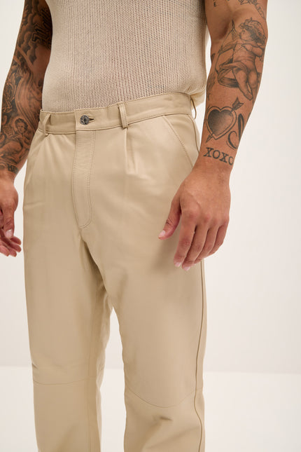 Men's Genuine Lambskin Leather Trousers - Beige - Ron Tomson Los Angeles